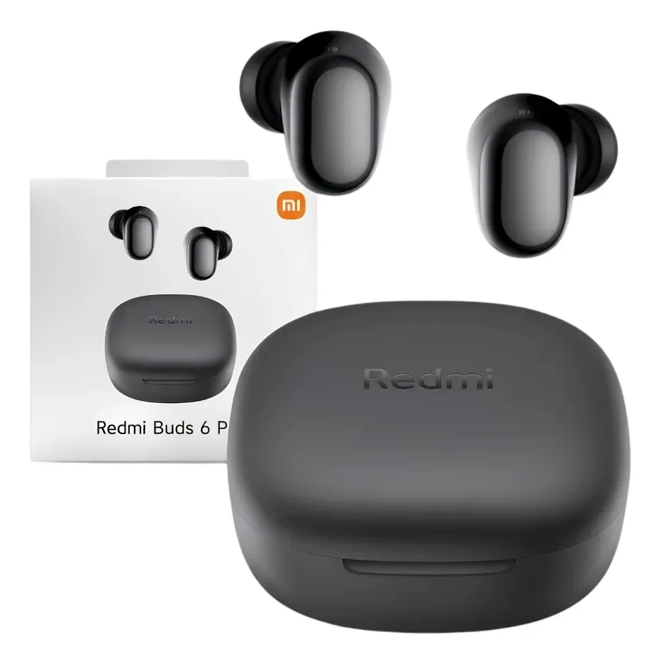 Xiaomi Redmi Buds 6 Play pretos com estojo de carregamento, fones e embalagem