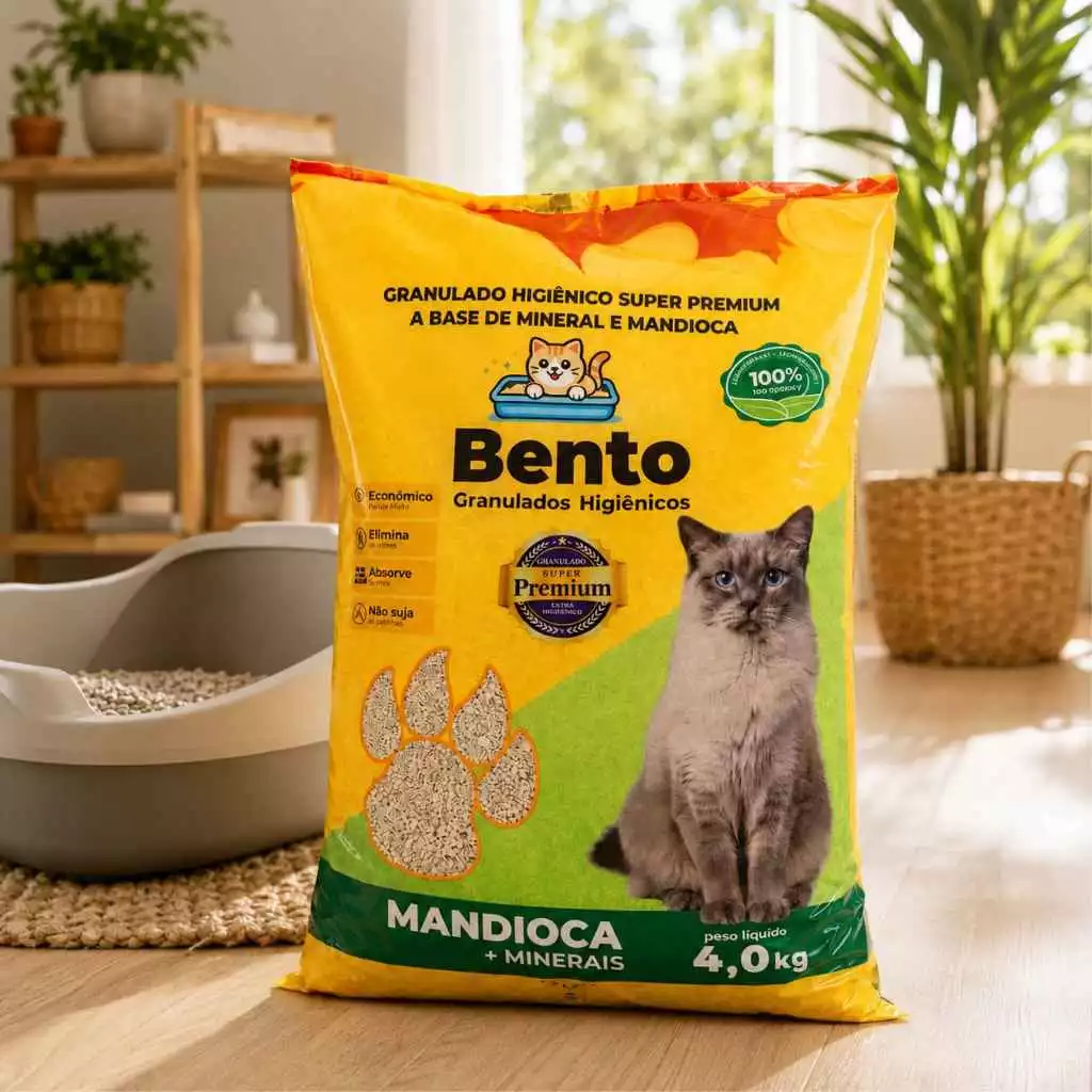 Embalagem de 4 kg de granulado higiênico Bento à base de mandioca ao lado de um gato