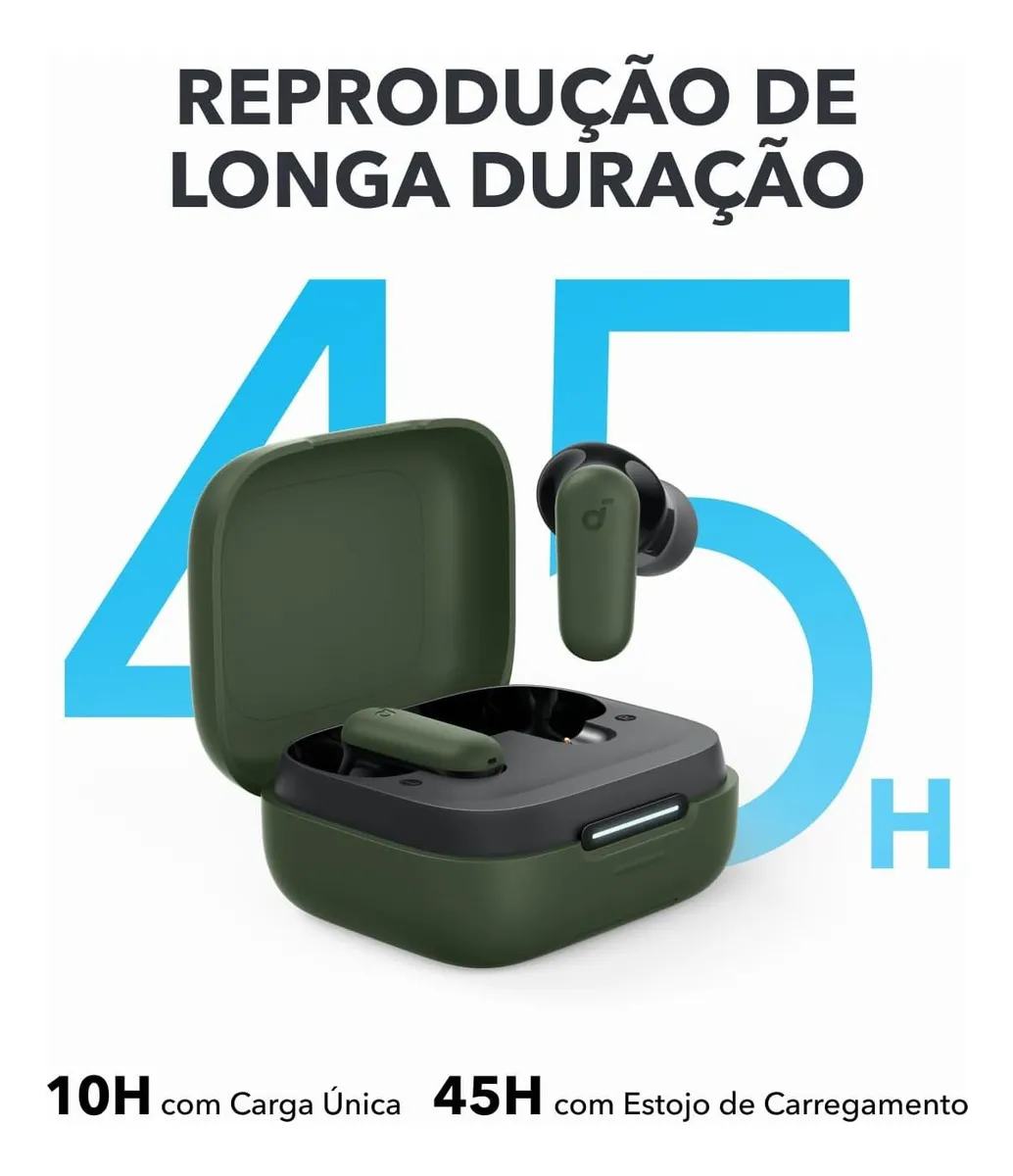 Fones Soundcore P30i da Anker verdes com estojo de carregamento aberto