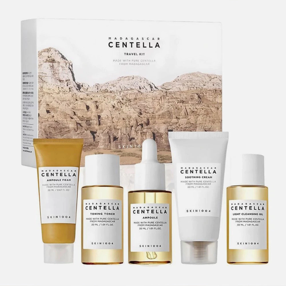Kit de viagem SKIN1004 Madagascar Centella com cinco produtos de skincare e embalagem